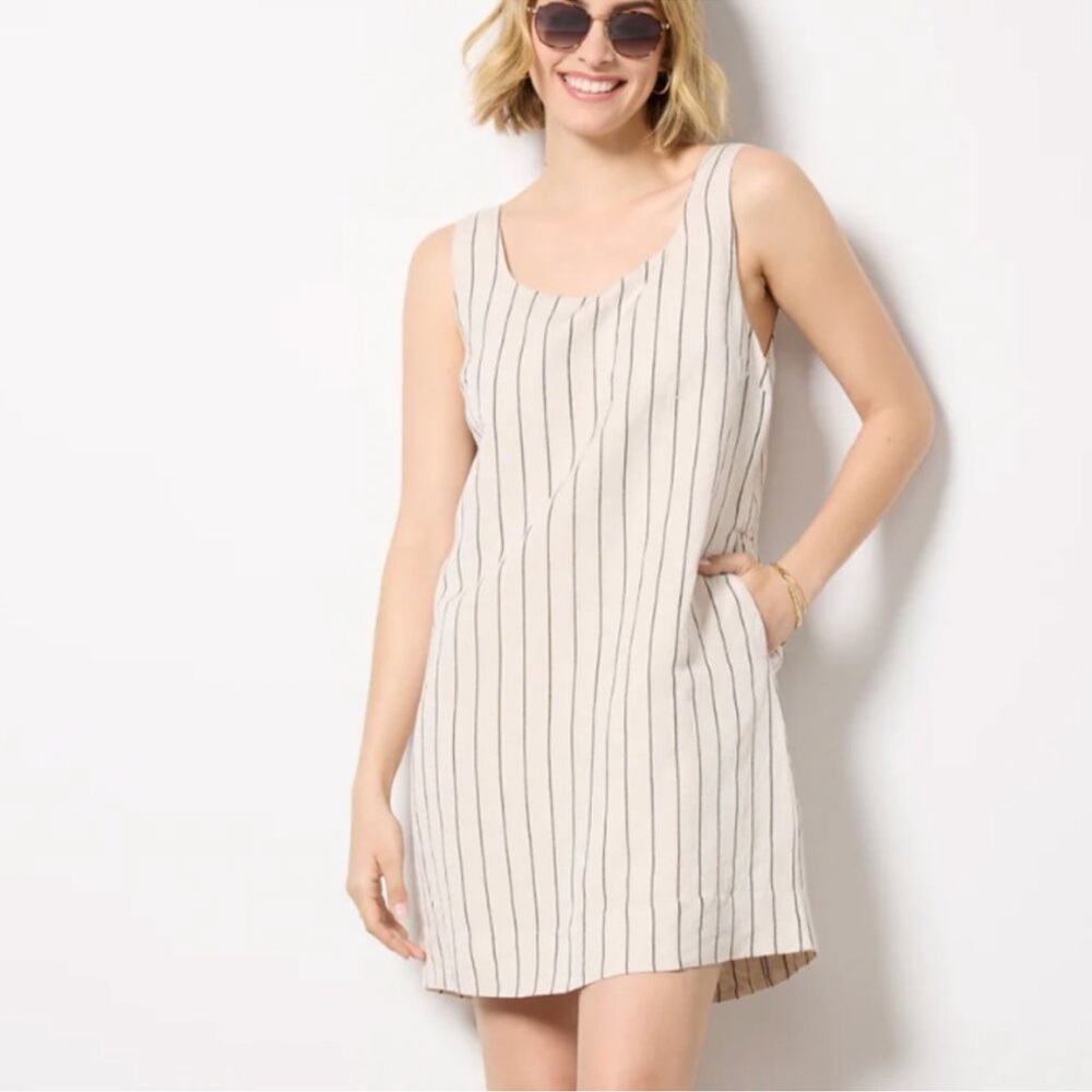 Evereve Oatmeal Color Leah Shift Dress with Black Pinstripes Linen Blend